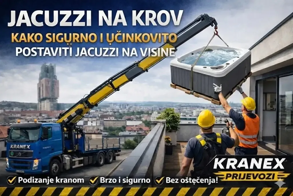 Dizanje jacuzzija na krov – Kranex kamion s kranom postavlja jacuzzi na terasu