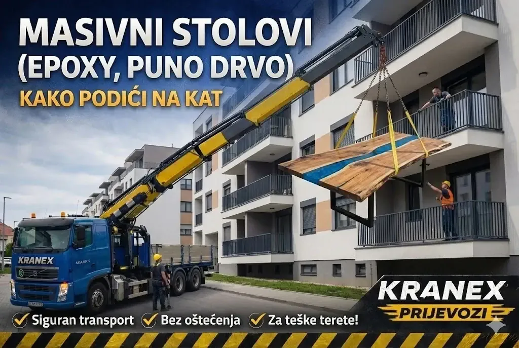 Dizanje masivnog stola na kat – Kranex kamion s kranom Zagreb