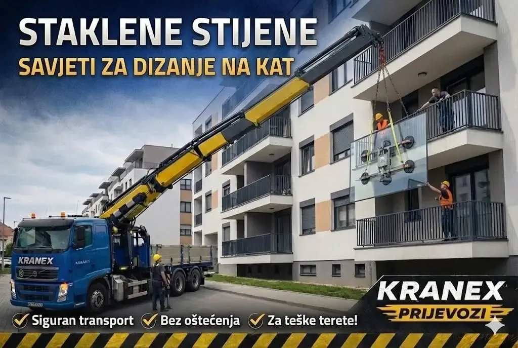 Kranex kamion s kranom diže veliku staklenu stijenu na balkon stambene zgrade uz pomoć radnika