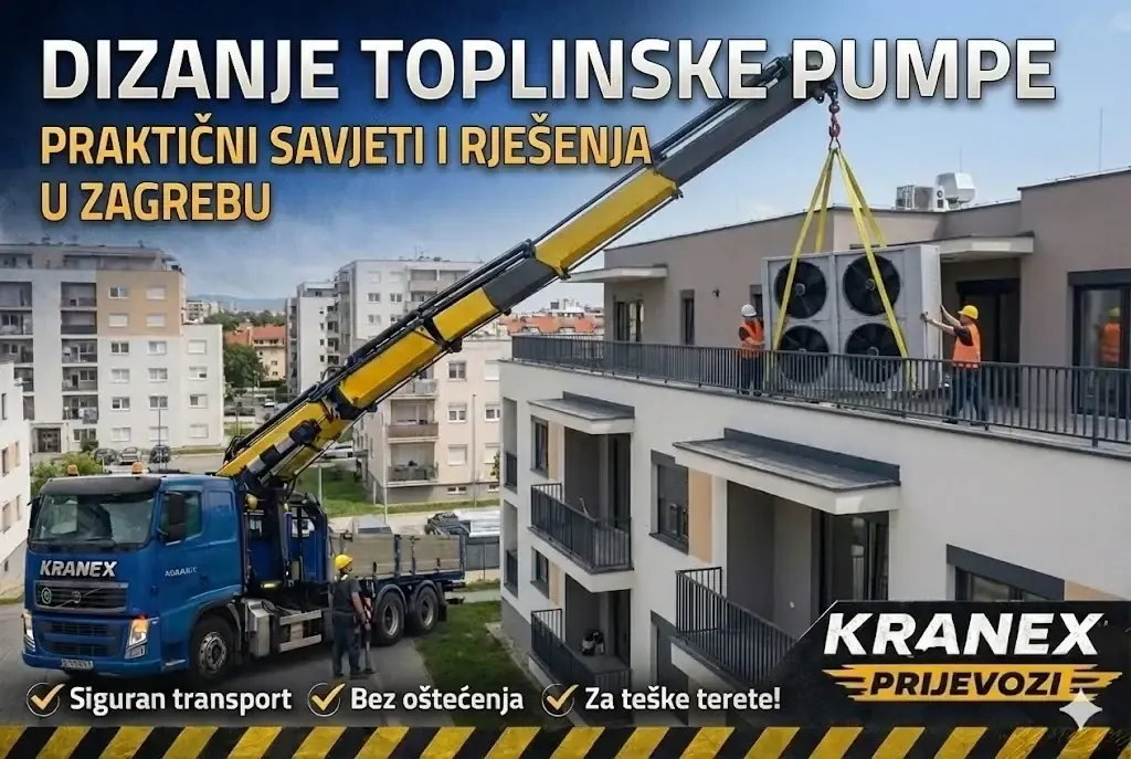 Kranex kamion s kranom diže toplinsku pumpu na terasu zgrade u Zagrebu