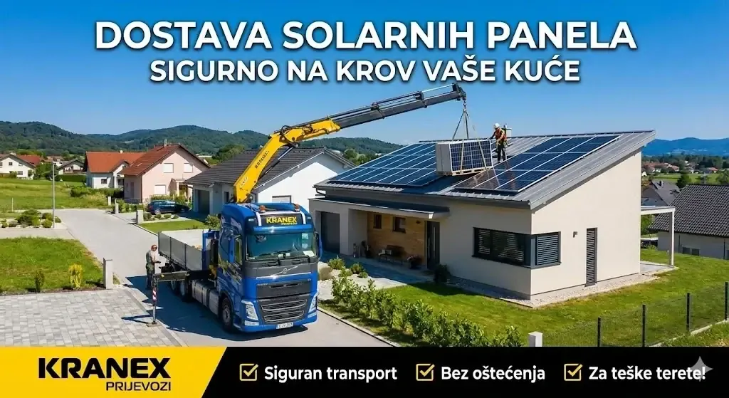 Kranex kamion s kranom diže solarne panele na krov kuće