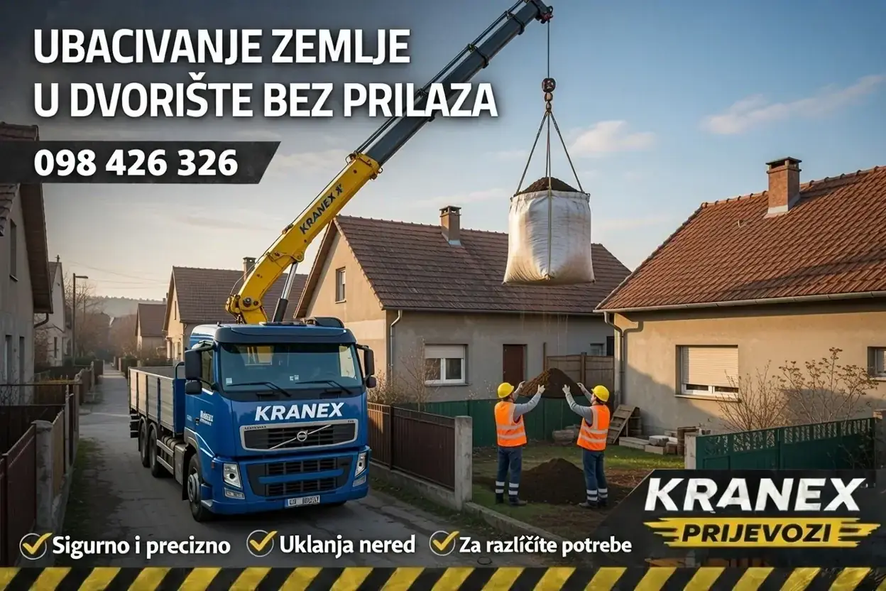 Ubacivanje zemlje u dvorište bez prilaza – Kranex kamion s kranom istovaruje zemlju preko ograde, Zagreb i okolica