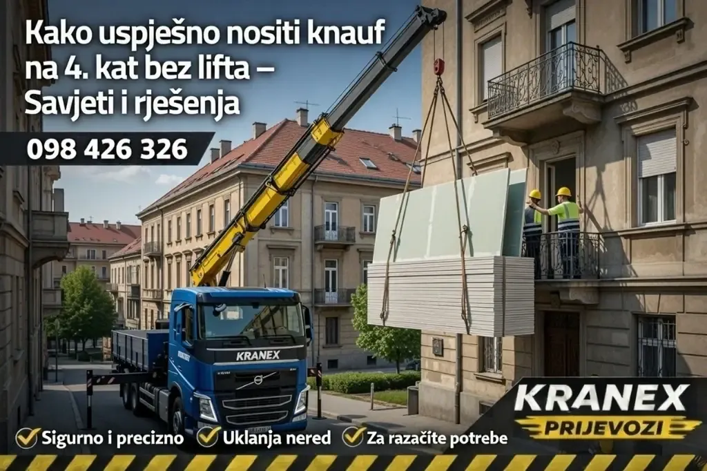 Nošenje knaufa na 4. kat bez lifta u Zagrebu - podizanje knauf ploča kranom