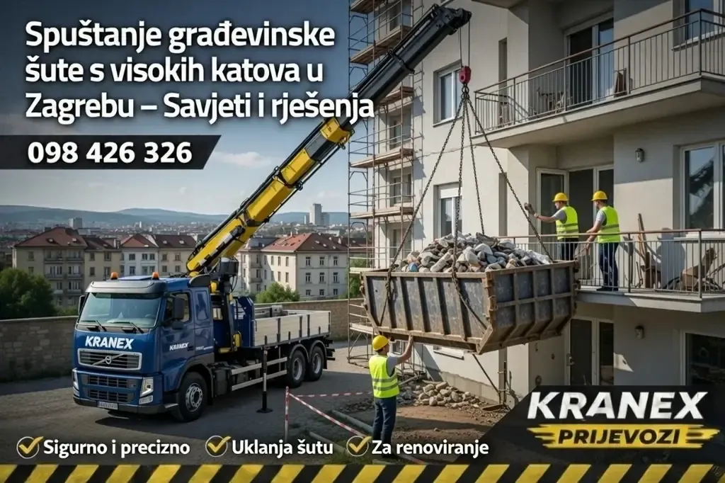 Spuštanje građevinske šute s visokih katova u Zagrebu - Kranex kamion s kranom