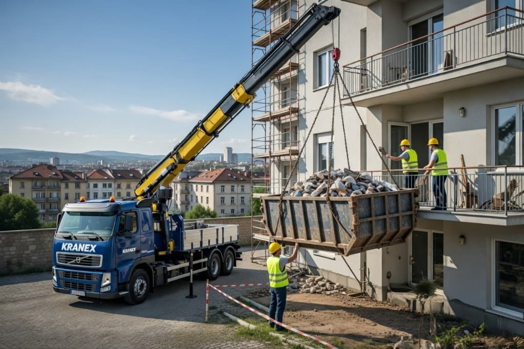 Kranex Prijevozi Zagreb – kamion s kranom dizanje kontejnera i građevinskog otpada, rad na gradilištu