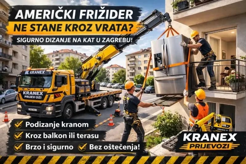 Američki frižider ne stane kroz vrata u Zagrebu Dizanje američkog frižidera kranom na kat – Kranex prijevozi Zagreb