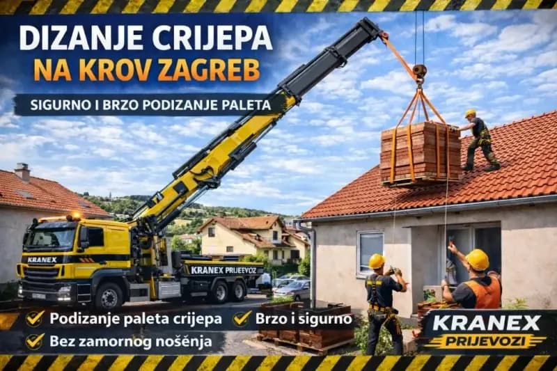 Dizanje crijepa i krovne građe na krov u Zagrebu Dizanje crijepa na krov Zagreb – Kranex kamion s kranom podiže paletu crijepa na krov