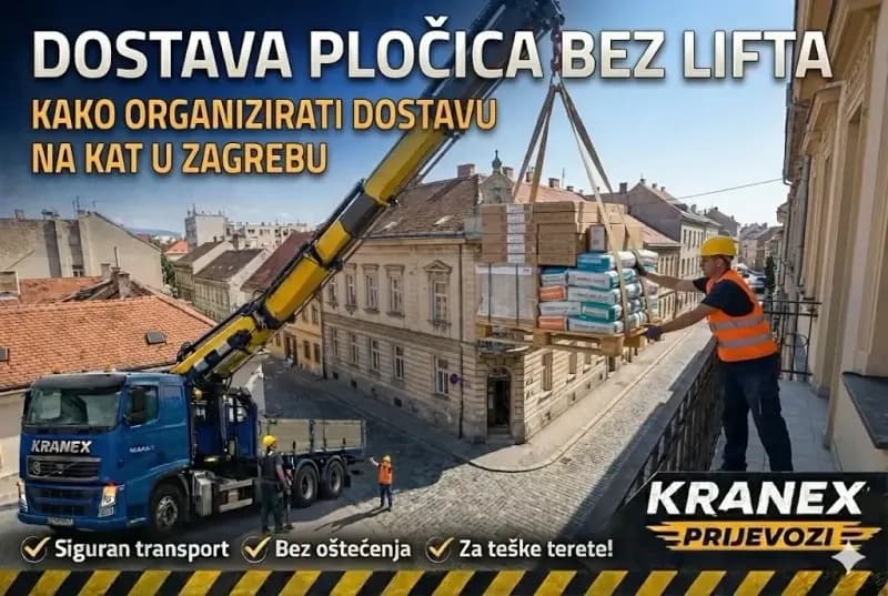 Dostava pločica na kat bez lifta u Zagrebu Kranex kamion s kranom diže paletu pločica i ljepila na balkon u Zagrebu