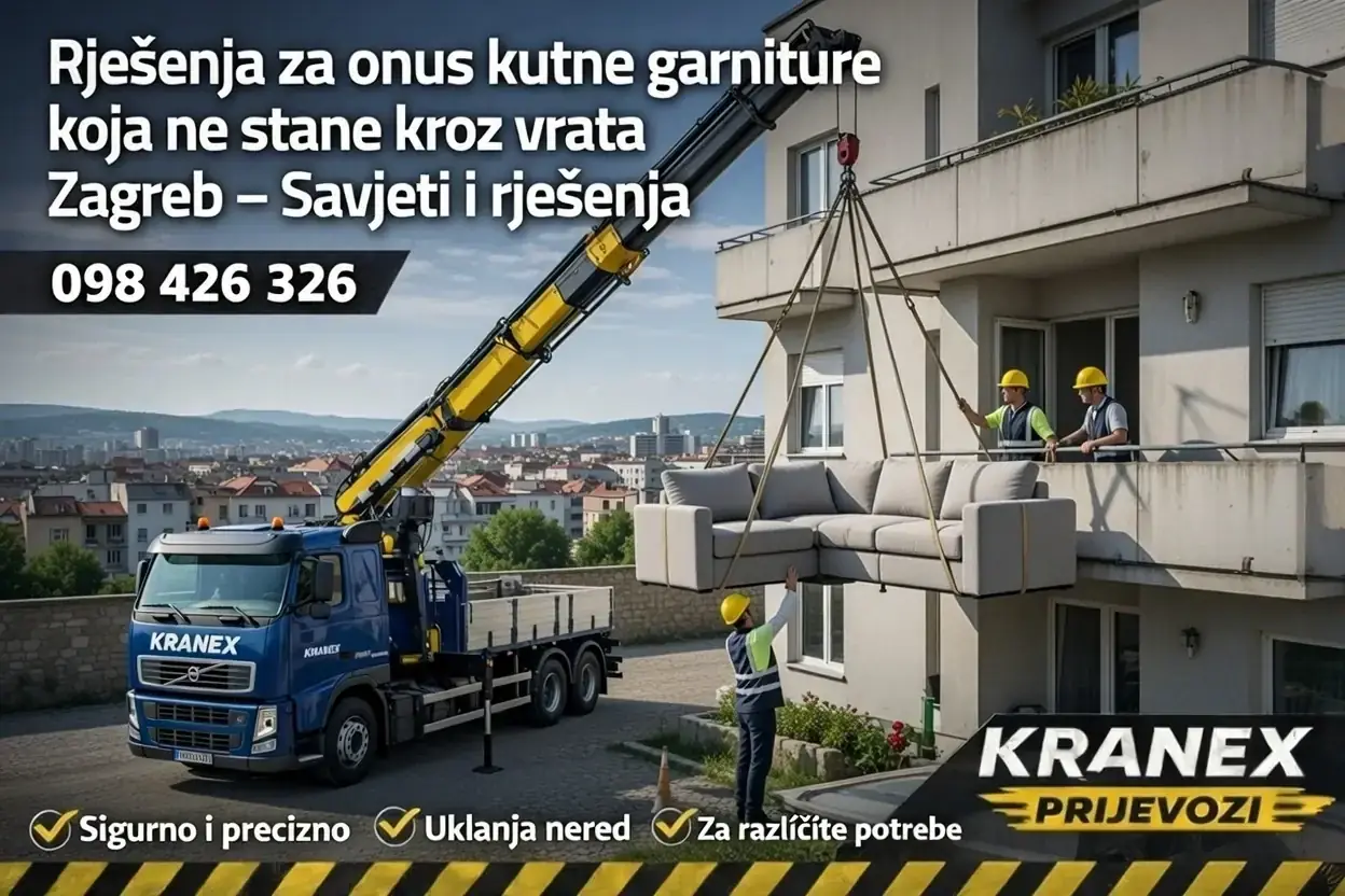 Kutna garnitura ne stane kroz vrata u Zagrebu Nova kutna garnitura ne stane kroz vrata – podizanje garniture kranom preko balkona u Zagrebu